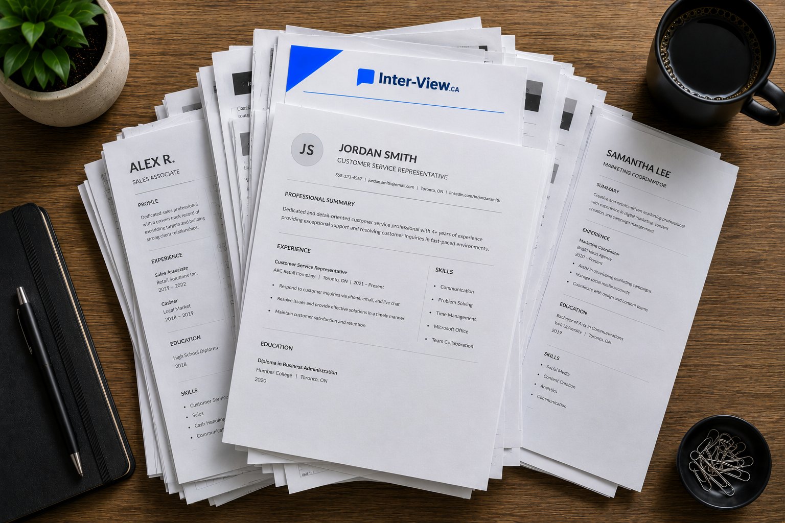 An Inter-View cover letter rising above a stack of ordinary resumes on a wooden desk